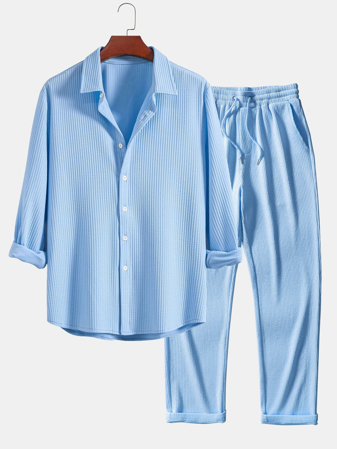 Chemise côtelée à manches longues, ajustée muscle, boutonnée & pantalon côtelé à jambe droite