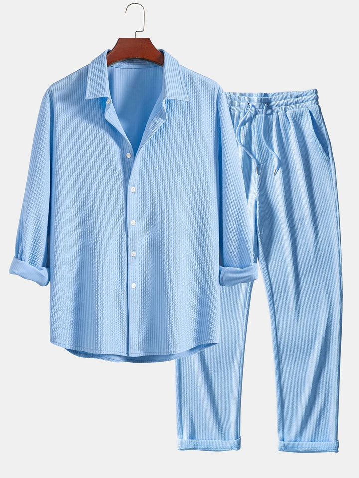 Chemise côtelée à manches longues, ajustée muscle, boutonnée & pantalon côtelé à jambe droite