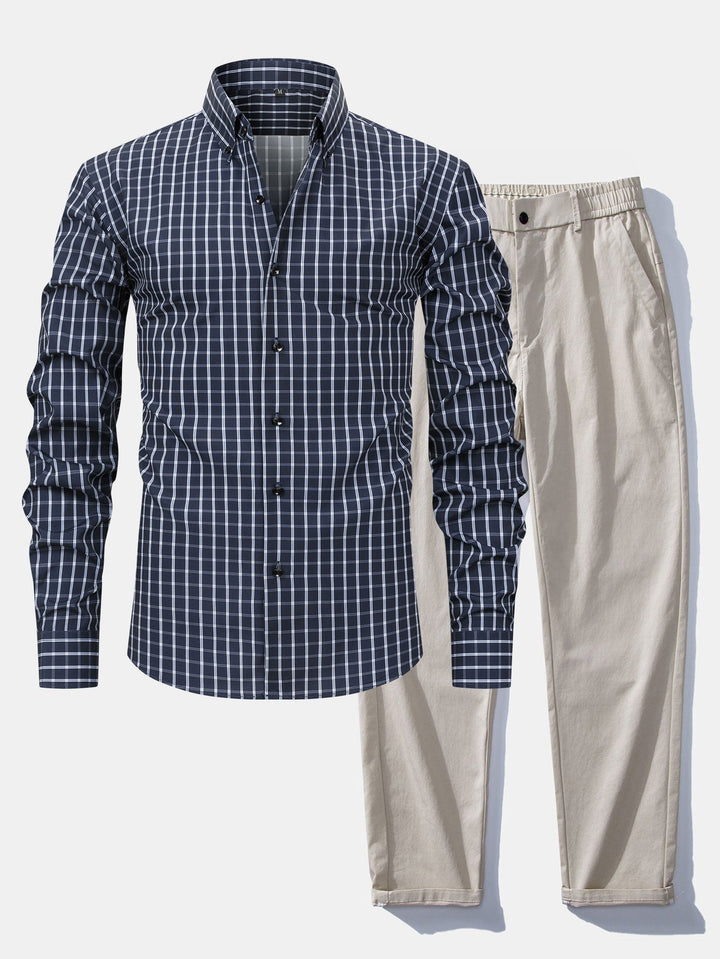 Chemise à carreaux à manches longues avec boutons & Pantalon droit à taille élastique