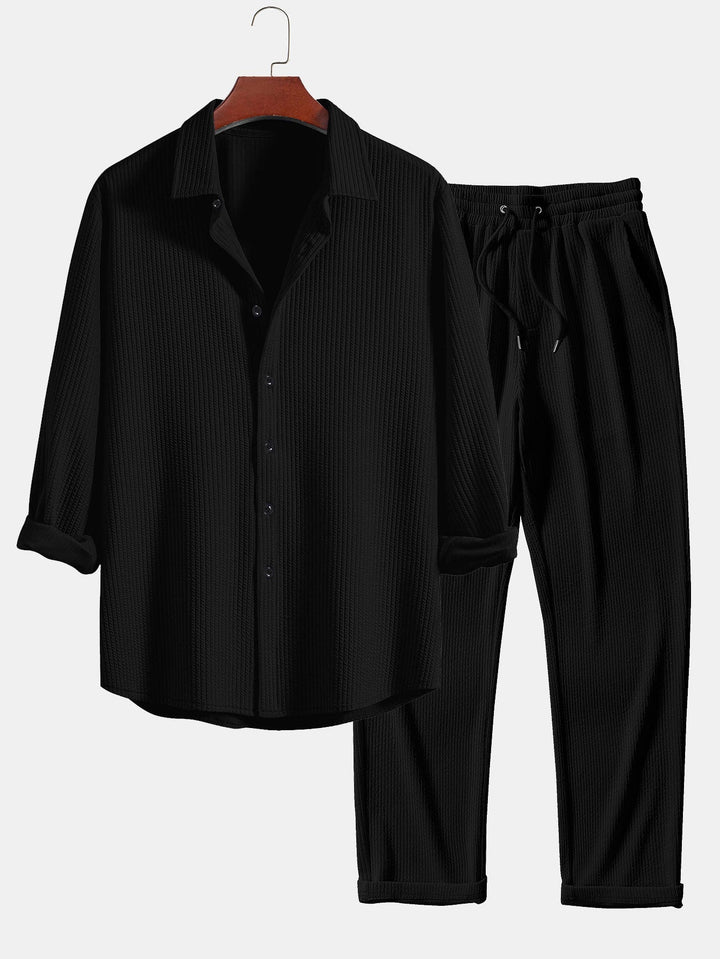 Chemise côtelée à manches longues, ajustée muscle, boutonnée & pantalon côtelé à jambe droite