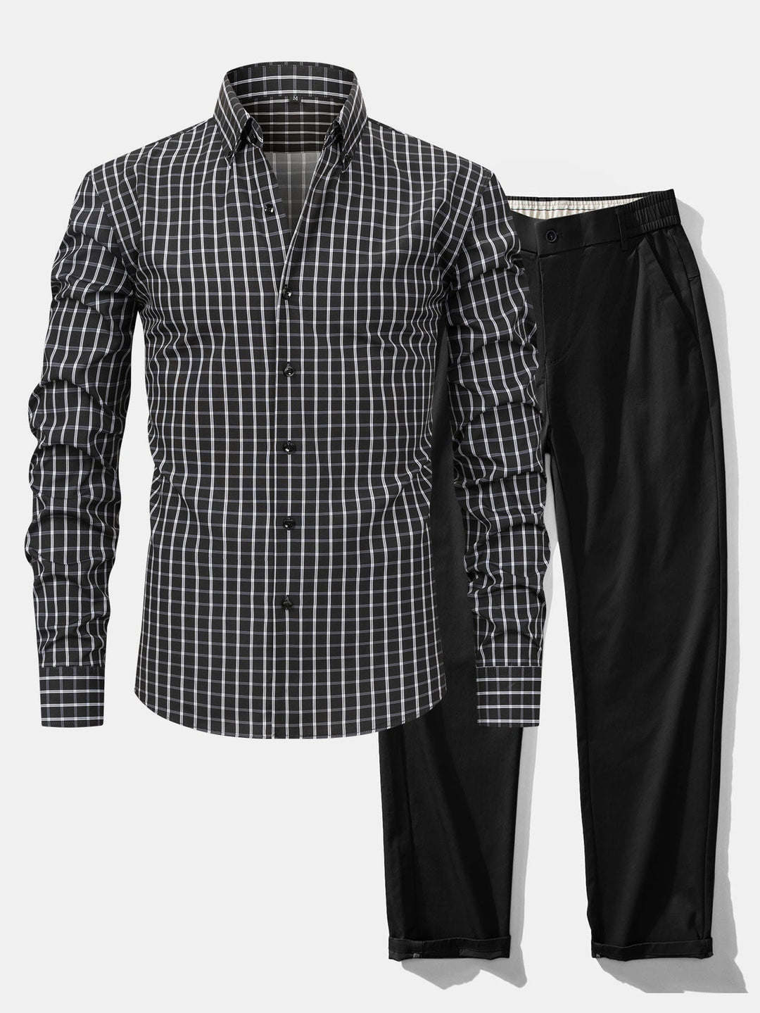 Chemise à carreaux à manches longues avec boutons & Pantalon droit à taille élastique
