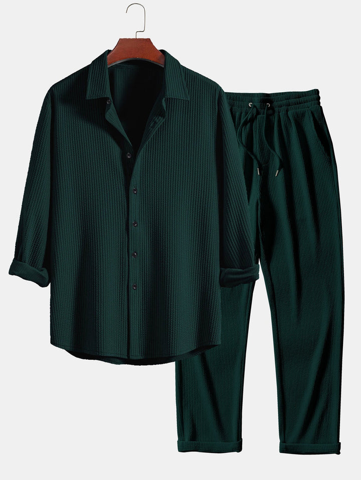 Chemise côtelée à manches longues, ajustée muscle, boutonnée & pantalon côtelé à jambe droite