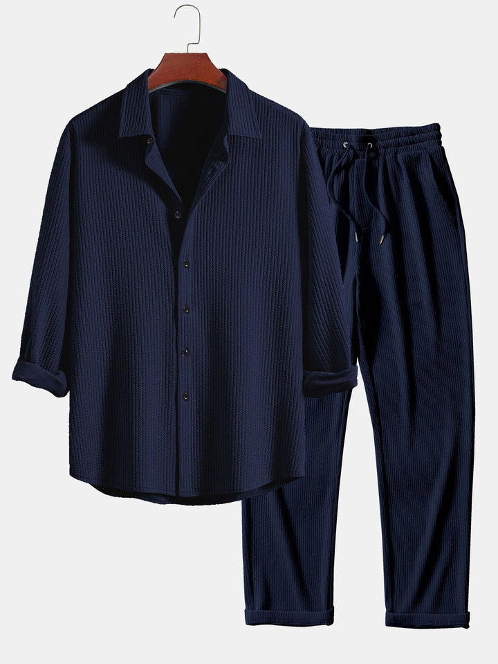 Chemise côtelée à manches longues, ajustée muscle, boutonnée & pantalon côtelé à jambe droite
