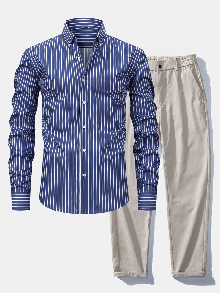 Chemise à rayures à manches longues avec boutons & Pantalon droit à taille élastique