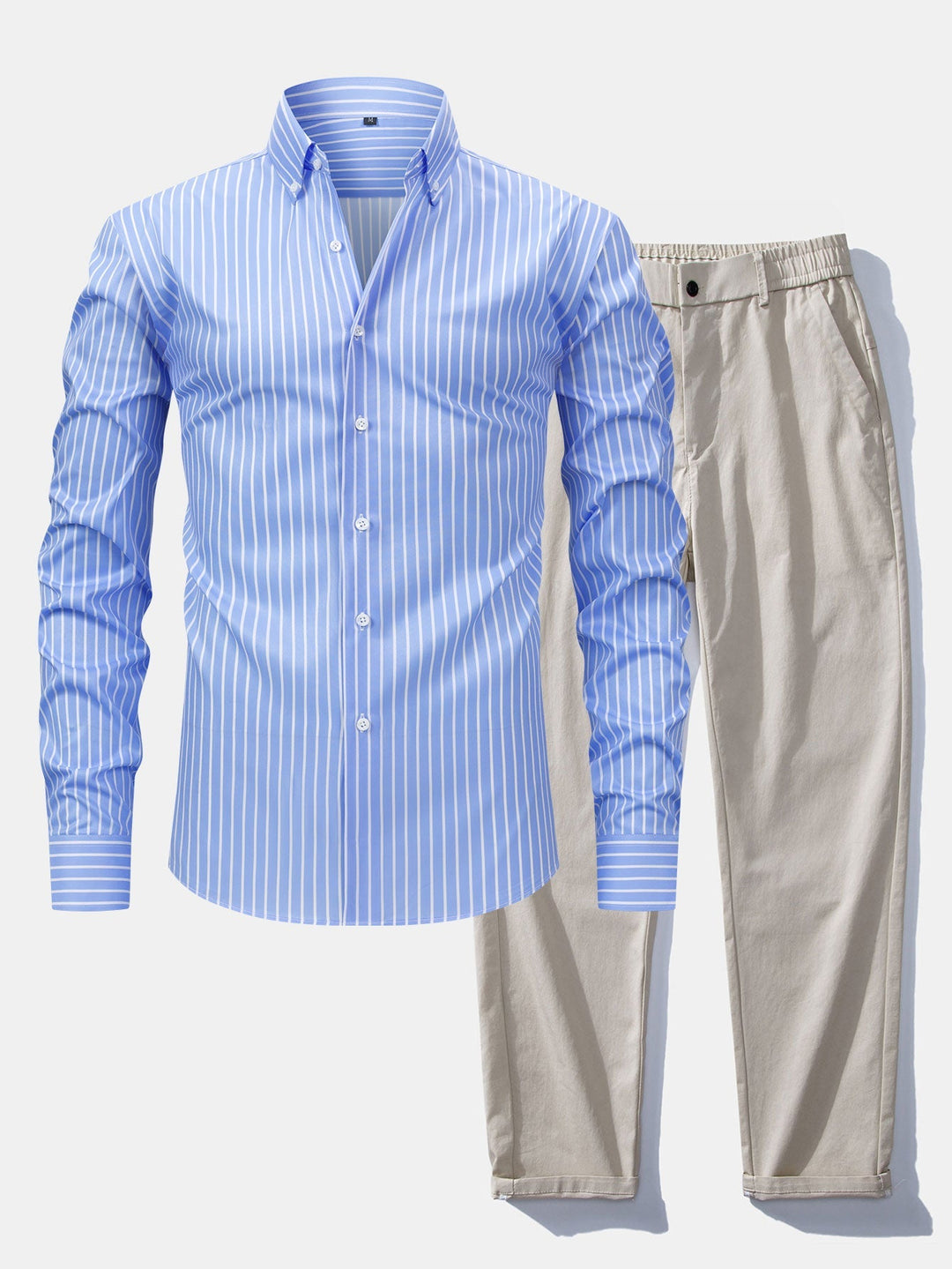 Chemise à rayures à manches longues avec boutons & Pantalon droit à taille élastique