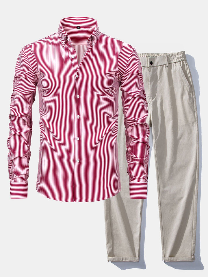 Chemise à rayures à manches longues avec boutons & Pantalon droit à taille élastique