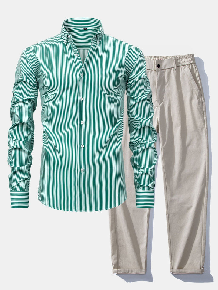 Chemise à rayures à manches longues avec boutons & Pantalon droit à taille élastique
