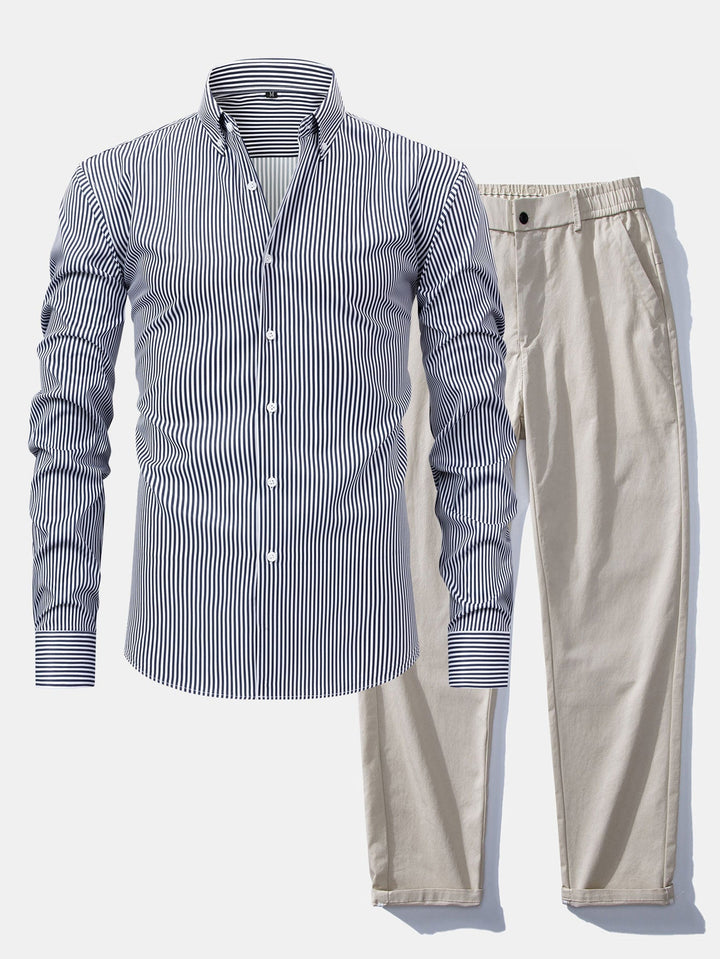 Chemise à rayures à manches longues avec boutons & Pantalon droit à taille élastique